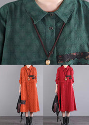 Casual Blackish Green Pockets Patchwork Cotton Shirts Dresses Fall