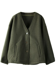 Casual Blackish Green V Neck Pockets Woolen Jackets Winter
