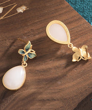 Casual Blue Ancient Gold Inlaid Jade Butterfly Water Drop Drop Earrings