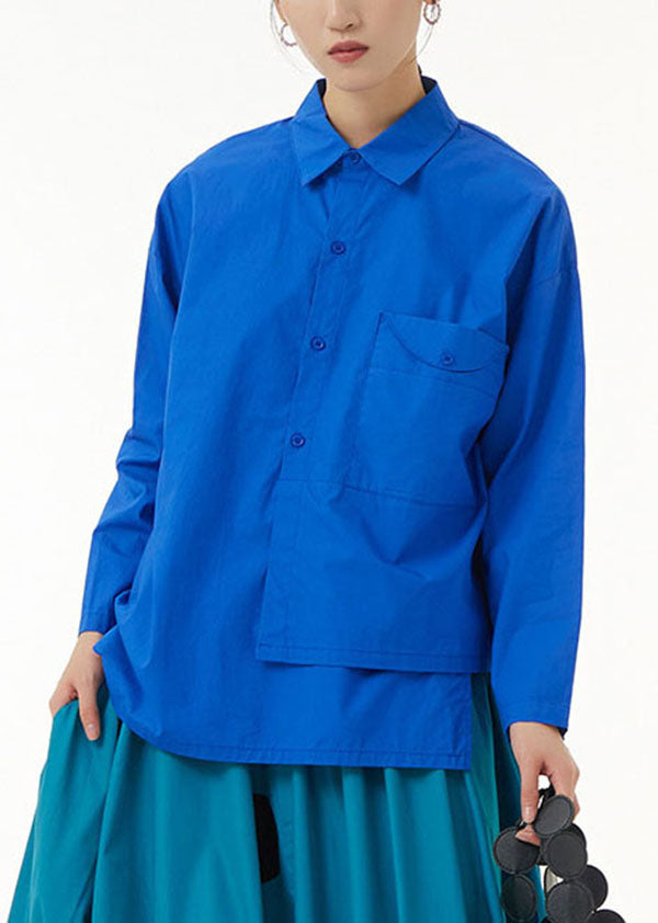 Casual Blue Asymmetrical Design Patchwork Cotton Shirts Top Long Sleeve