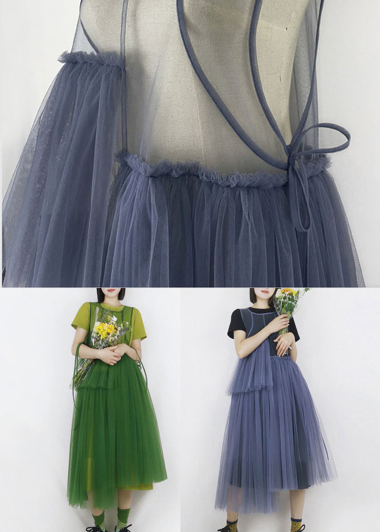 Casual Blue Asymmetrical Design Tulle Robe Dresses Long Smock Summer