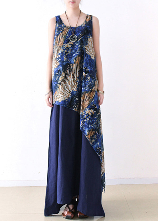 Casual Blue Asymmetrical Print Chiffon Top And Linen Spaghetti Strap Dress Two Pieces Set Summer