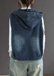 Casual Blue Denim Zippered Pockets Fall Sleeveless Waistcoat - SooLinen