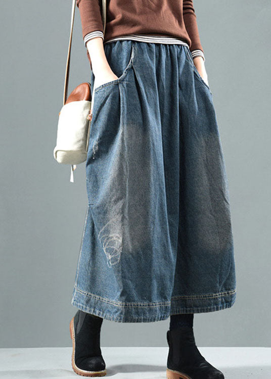 Casual Blue Elastic Waist Pockets Patchwork Fall Denim Skirt