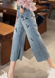Casual Blue Embroidered Floral High Waist Crop Jeans