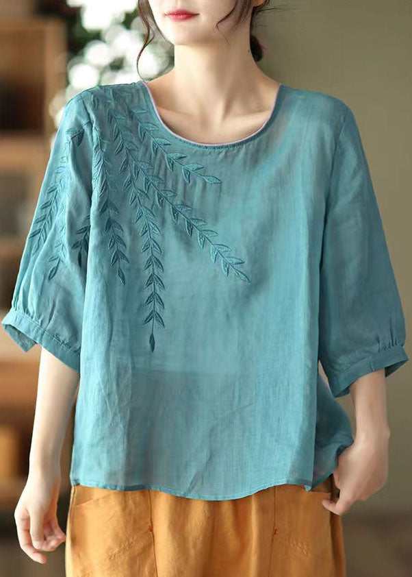 Casual Blue Embroidered Patchwork Cotton T Shirt Half Sleever
