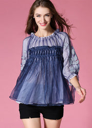 Casual Blue Embroidered Wrinkled Organza Blouses Half Sleeve