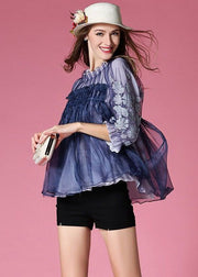Casual Blue Embroidered Wrinkled Organza Blouses Half Sleeve