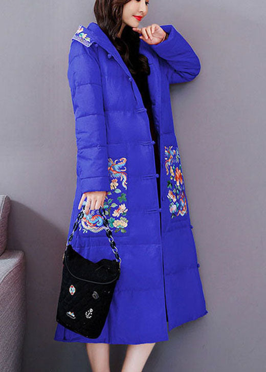 Casual Blue Embroidered hooded Fine Cotton Filled Parkas Winter