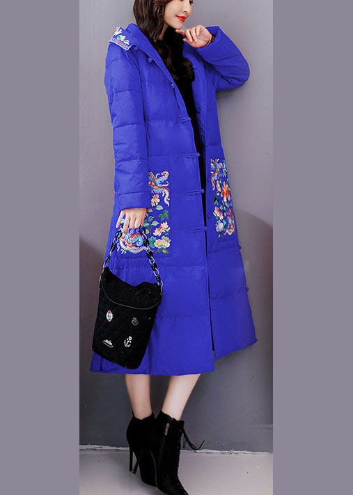 Casual Blue Embroidered hooded Fine Cotton Filled Parkas Winter