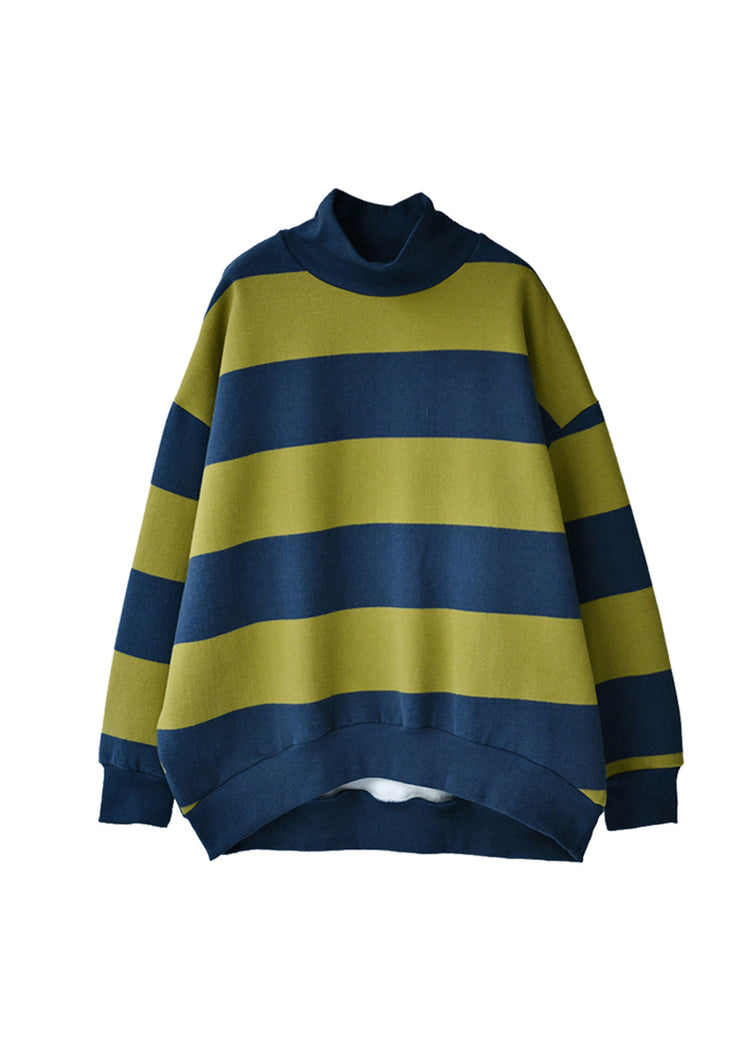 Casual Blue Green Colour Turtleneck Striped Patchwork Warm Fleece Sweatshirt Fall