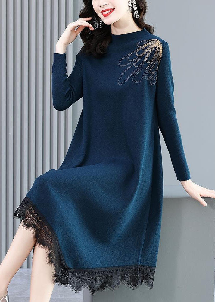 Casual Blue High Neck Lace Patchwork Knit Sweater Dress Long Sleeve