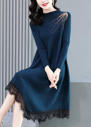 Casual Blue High Neck Lace Patchwork Knit Sweater Dress Long Sleeve