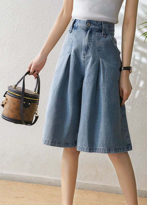 Casual Blue High Waist Wrinkled Pockets Cotton Wide Leg Pants Trousers Summer