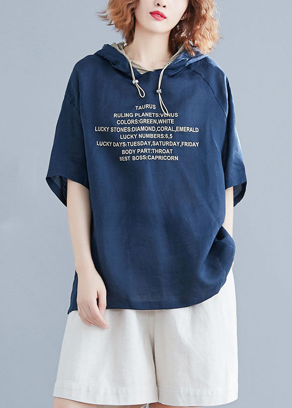 Casual Blue Hooded Alphabet Print Cotton Pullover Summer