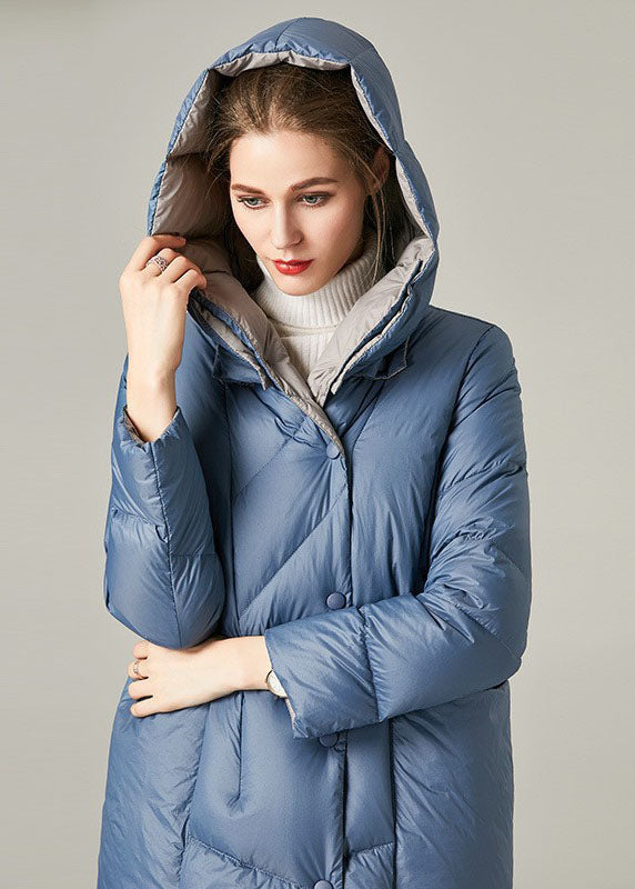 Casual Blue Hooded Pockets Duck Down Down Coat Winter