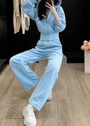 Casual Blue Hooded Zippered Pockets Cotton Two Pieces Set Long Sleeve