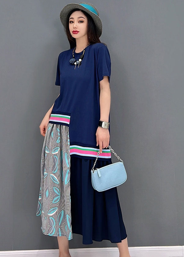 Lässiges blaues Maxikleid mit asymmetrischem Design und O-Ausschnitt aus Baumwolle mit kurzen Ärmeln