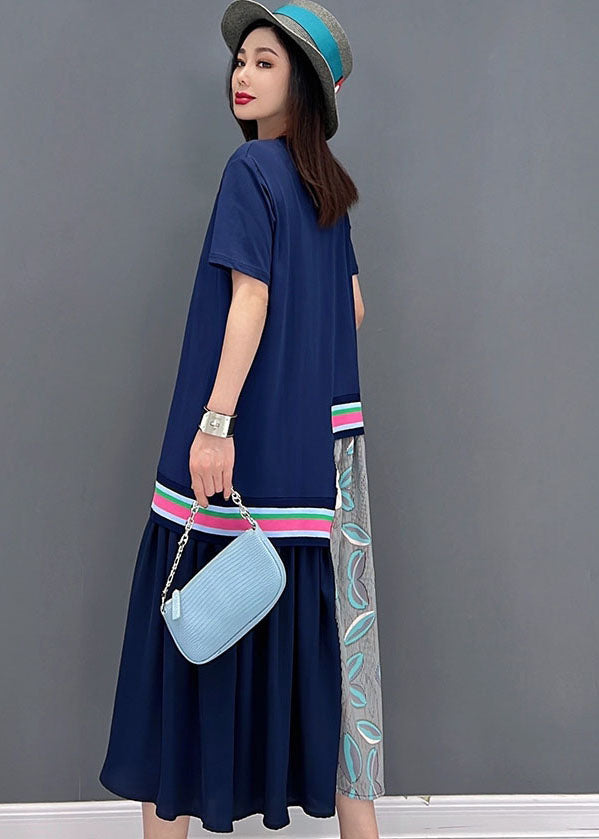 Casual Blue O-Neck Asymmetrical Design Cotton Maxi Dress Short Sleeve
