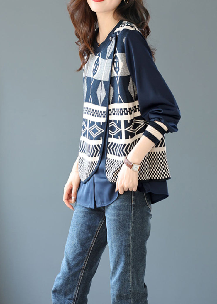 Casual Blue O Neck False Two Pieces Patchwork Knit Top Fall