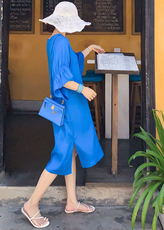 Lässige blaue lange Kleider mit O-Ausschnitt und ausgestellten Ärmeln