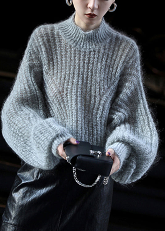 Casual Blue O-Neck Ma Hai mao Knit Sweater Lantern Sleeve