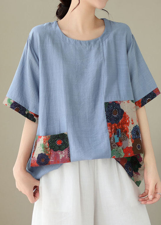 Casual Blue O Neck Print Patchwork Cotton T Shirt Summer