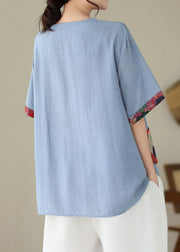Casual Blue O Neck Print Patchwork Cotton T Shirt Summer