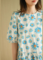 Casual Blue O-Neck Print Summer Cotton Half Sleeve Dresses - SooLinen