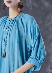 Casual Blue Oversized Button Down Linen Long Dress Bracelet Sleeve