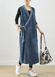 Casual Blue Oversized Lace Up Denim Long Vests Fall