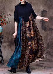 Casual Blue Patchwork Chocolate Turtleneck Print Silk Maxi Dress Long Sleeve