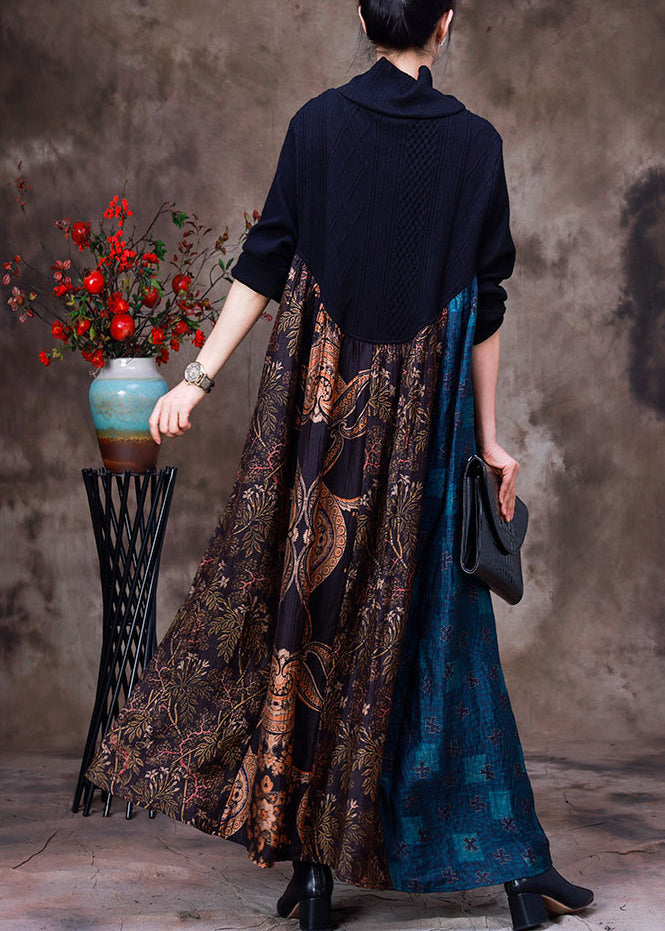 Casual Blue Patchwork Chocolate Turtleneck Print Silk Maxi Dress Long Sleeve
