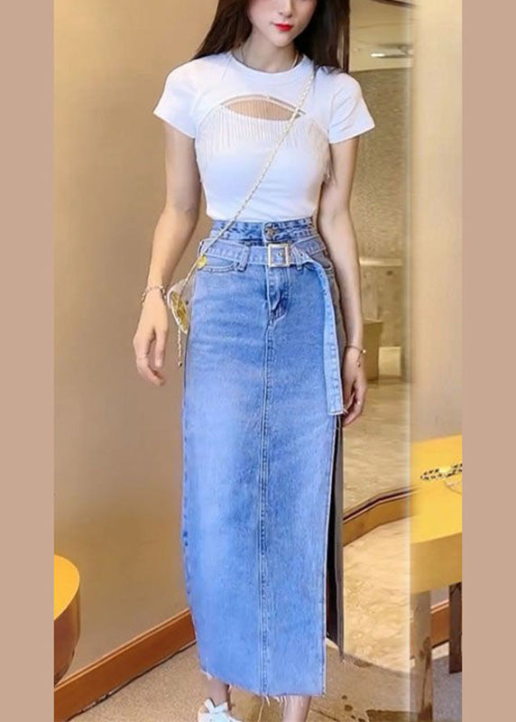 Casual Blue Patchwork Sashes Side Open Denim Maxi Skirt