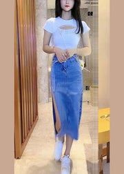 Casual Blue Patchwork Sashes Side Open Denim Maxi Skirt