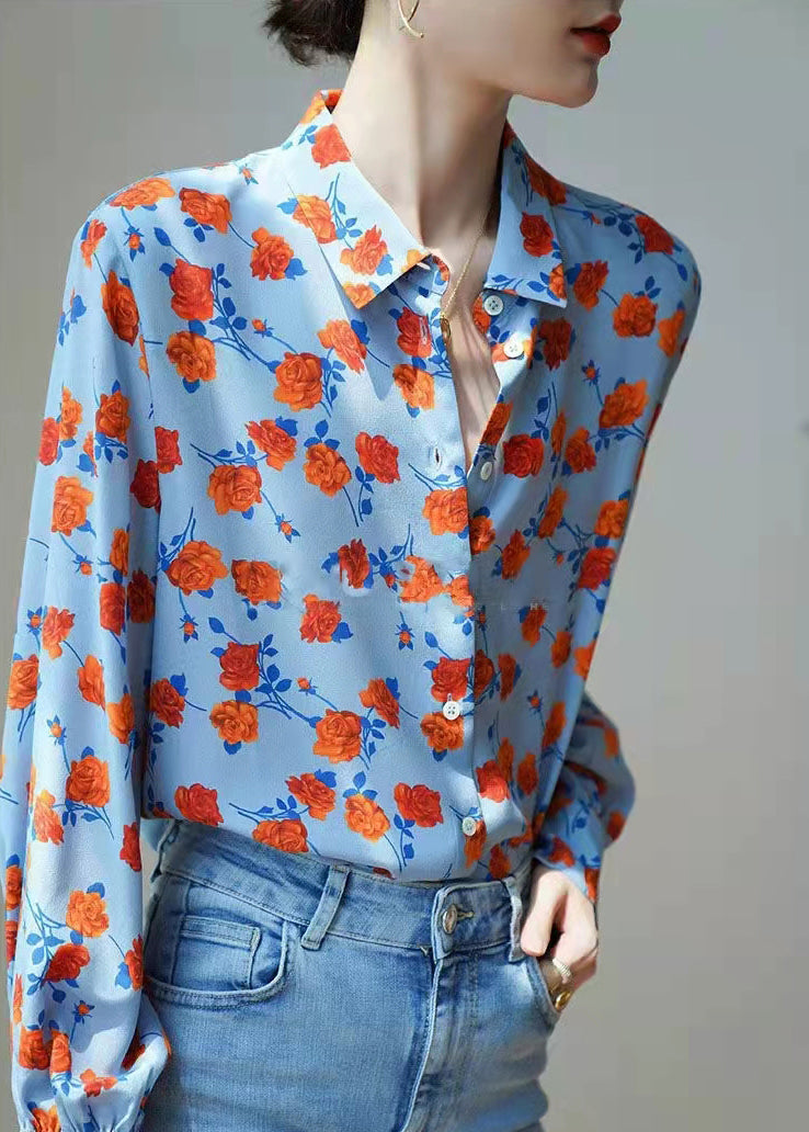 Casual Blue Peter Pan Collar Button Floral Print Chiffon Blouses Puff Sleeve