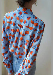 Casual Blue Peter Pan Collar Button Floral Print Chiffon Blouses Puff Sleeve