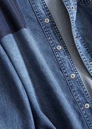 Casual Blue Peter Pan Collar Button Patchwork Denim Shirts Fall
