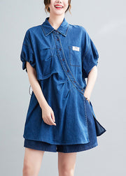 Casual Blue Peter Pan Collar Cotton Shirts And Shorts Two Pieces Set Summer