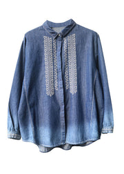 Casual Blue Peter Pan Collar Embroidered Cotton Denim Shirt Top Long Sleeve