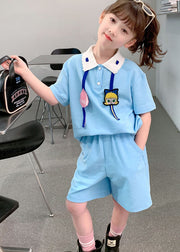 Casual Blue Peter Pan Collar Patchwork Cotton Kids Girls Two Piece Set Summer