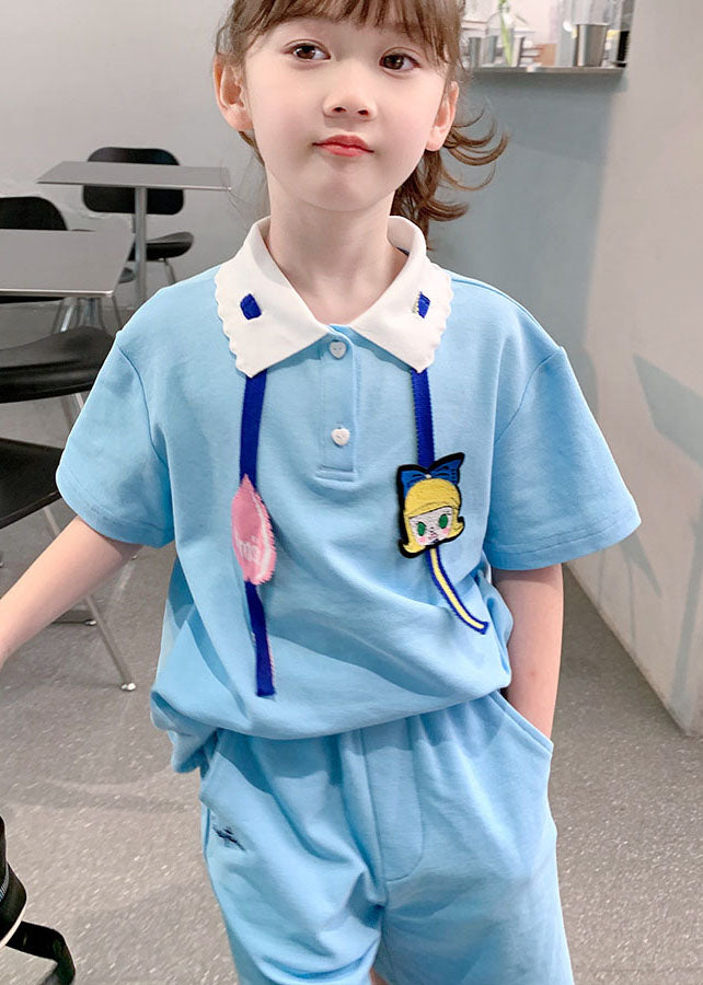 Casual Blue Peter Pan Collar Patchwork Cotton Kids Girls Two Piece Set Summer