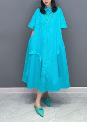 Casual Blue Peter Pan Collar Patchwork Cotton Shirts Dress Summer
