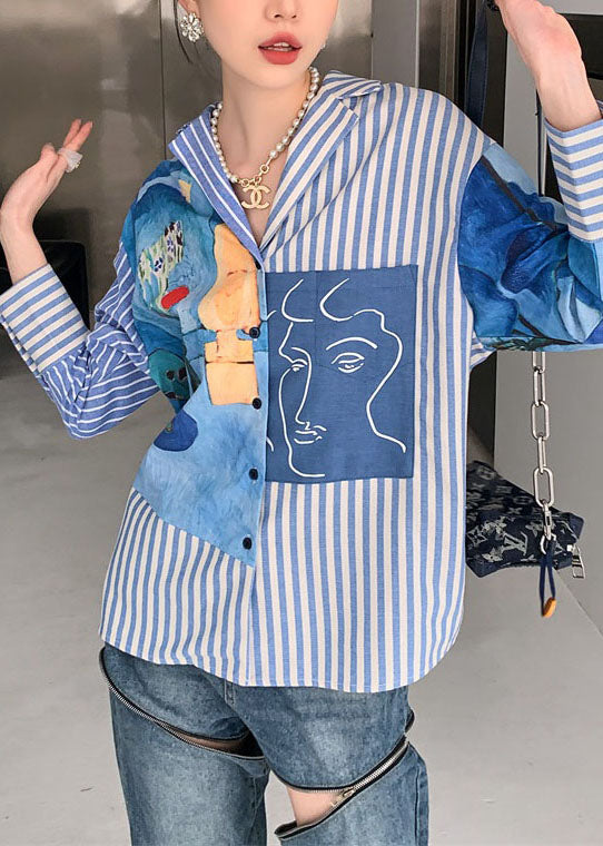 Casual Blue Peter Pan Collar Striped Print Cotton Shirts Spring