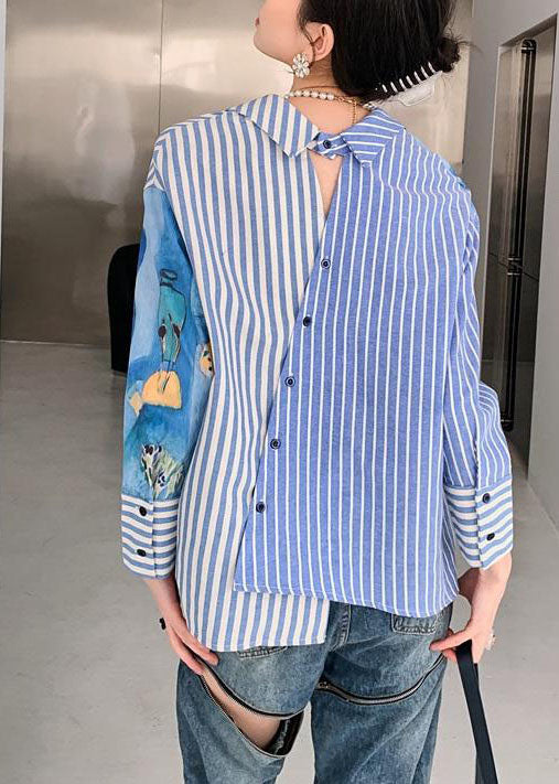 Casual Blue Peter Pan Collar Striped Print Cotton Shirts Spring