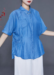 Casual Blue Peter Pan Collar Wrinkled Silk Shirt Tops Summer