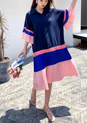Casual Blue Pink Patchwork Summer Party Dress - SooLinen