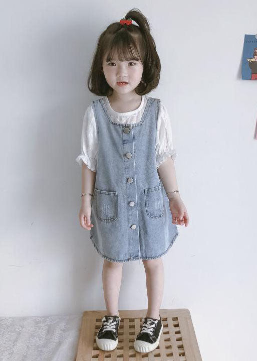 Casual Blue Pockets Button Patchwork Denim Kids Girls Dress Two Piece Set Summer