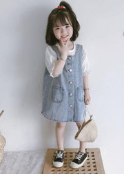 Casual Blue Pockets Button Patchwork Denim Kids Girls Dress Two Piece Set Summer
