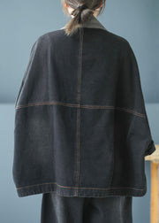 Casual Blue Pockets Button Patchwork Print Fall Denim Long sleeve Coat